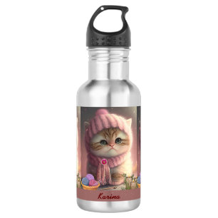 Cute Cat in Pink Knit Hat Yarn Personalised Name 532 Ml Water Bottle