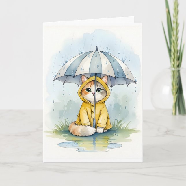 Cute Cat in Raincoat with Umbrella Watercolor  Card (Front)
