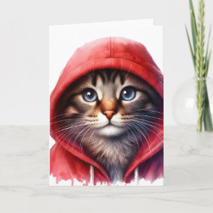 Cute Cat in Red Hoodie Watercolor Greeting Card