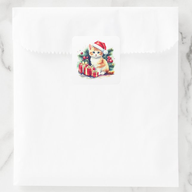Cute Cat In Santa Hat  Square Sticker (Bag)