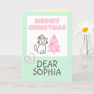 Cute Cat in Santa Hat&Tree Meowy Christmas Pastel  Card