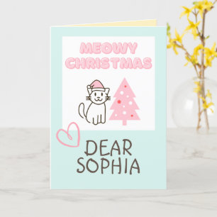 Cute Cat in Santa Hat&Tree Meowy Christmas Pastel  Card