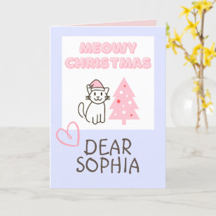 Cute Cat in Santa Hat&Tree Meowy Christmas Pastel Card