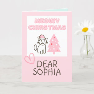 Cute Cat in Santa Hat&Tree Meowy Christmas Pastel  Card
