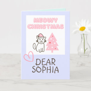Cute Cat in Santa Hat&Tree Meowy Christmas Pastel Card
