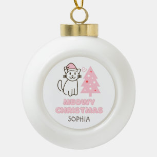 Cute Cat in Santa Hat&Tree Meowy Christmas Pastel Ceramic Ball Christmas Ornament