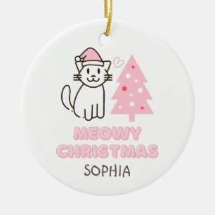 Cute Cat in Santa Hat&Tree Meowy Christmas Pastel Ceramic Tree Decoration