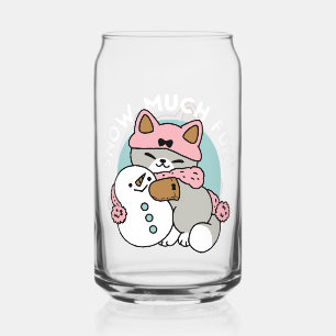 Cute Cat in Snow Gear with Snowman Art Can Glass