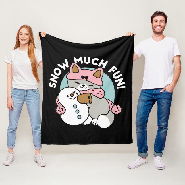 Cute Cat in Snow Gear with Snowman Art Fleece Blanket (In Situ)