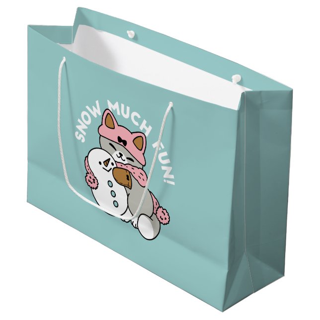 Cute Cat in Snow Gear with Snowman Art Large Gift Bag (Front Angled)