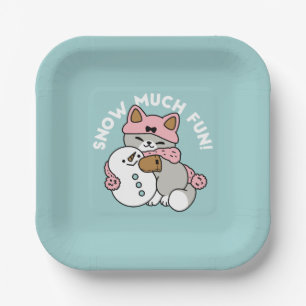 Cute Cat in Snow Gear with Snowman Art Paper Plate