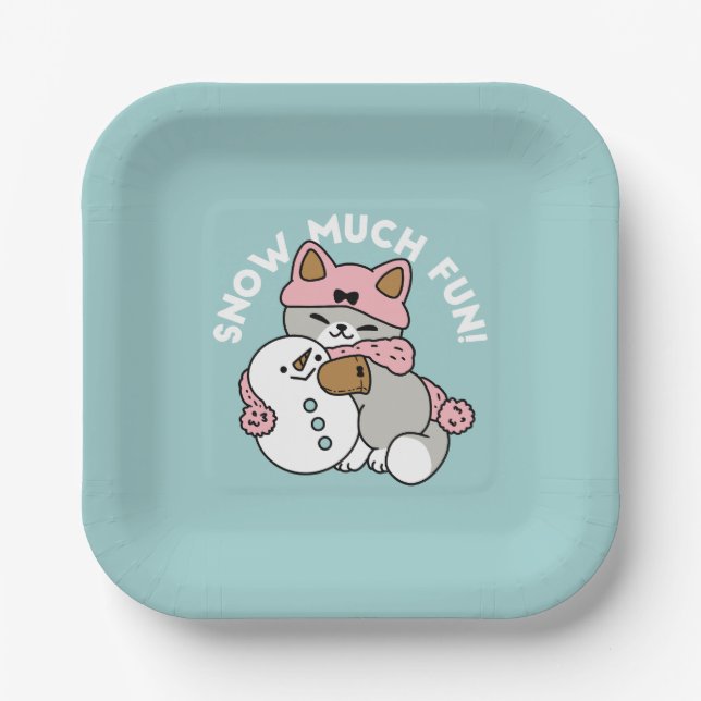 Cute Cat in Snow Gear with Snowman Art Paper Plate (Front)