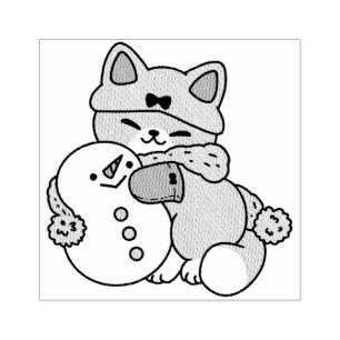 Cute Cat in Snow Gear with Snowman Art Rubber Stamp