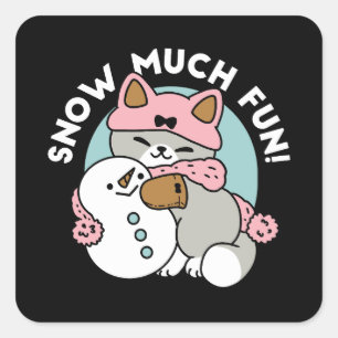 Cute Cat in Snow Gear with Snowman Art Square Sticker