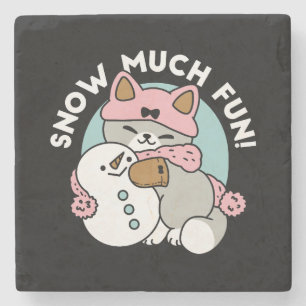Cute Cat in Snow Gear with Snowman Art Stone Coaster