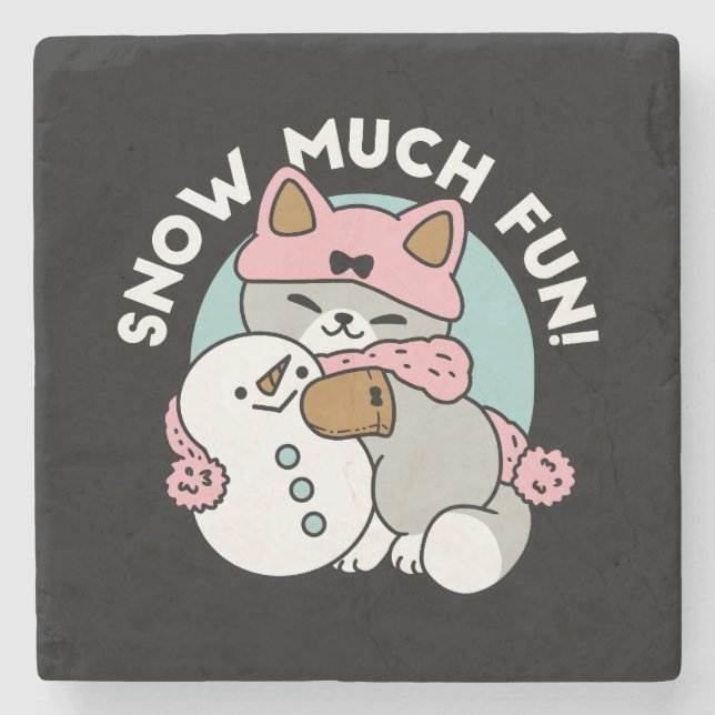 Cute Cat in Snow Gear with Snowman Art Stone Coaster (Front)