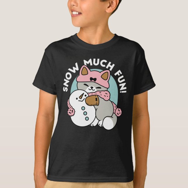 Cute Cat in Snow Gear with Snowman Art T-Shirt (Front)