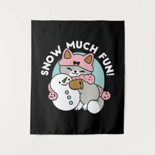 Cute Cat in Snow Gear with Snowman Art Tapestry