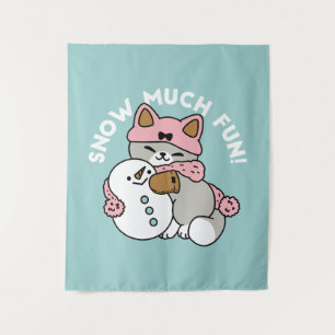 Cute Cat in Snow Gear with Snowman Art Tapestry