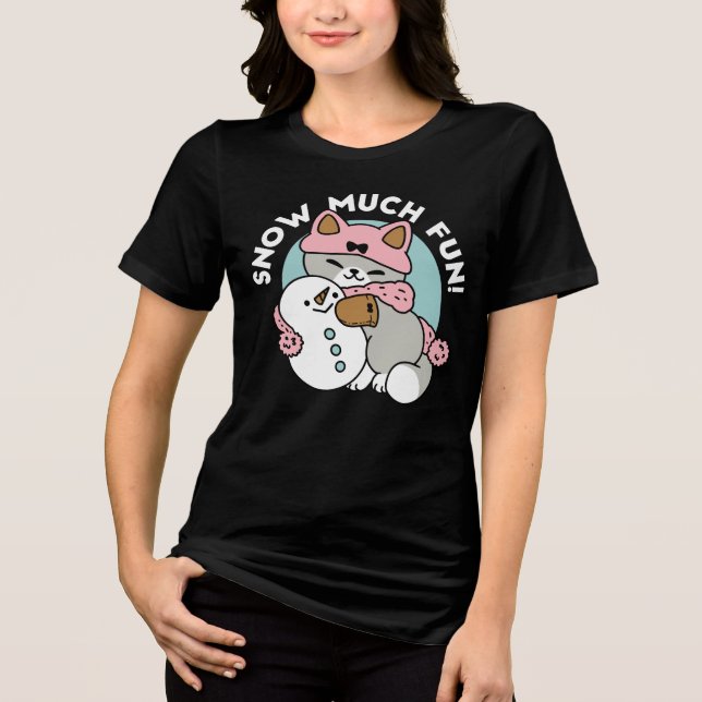 Cute Cat in Snow Gear with Snowman Art Tri-Blend Shirt (Front)
