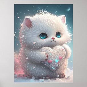 Cute Cat in Snow holding Heart Personalized Art Po Poster