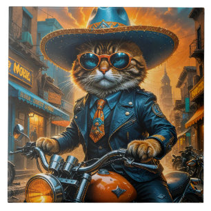 Cute Cat In Sombrero And Motorcycle Tile