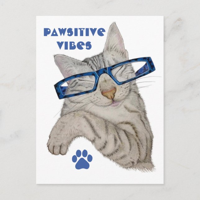 Cute Cat In Specs Pawsitive Vibes Paw Positivity Postcard (Front)