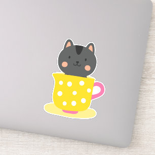 Cute cat in teacup cartoon on mint