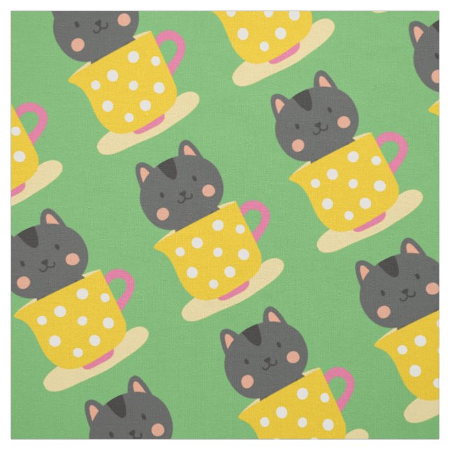 Cute cat in teacup cartoon on mint fabric (Swatch)