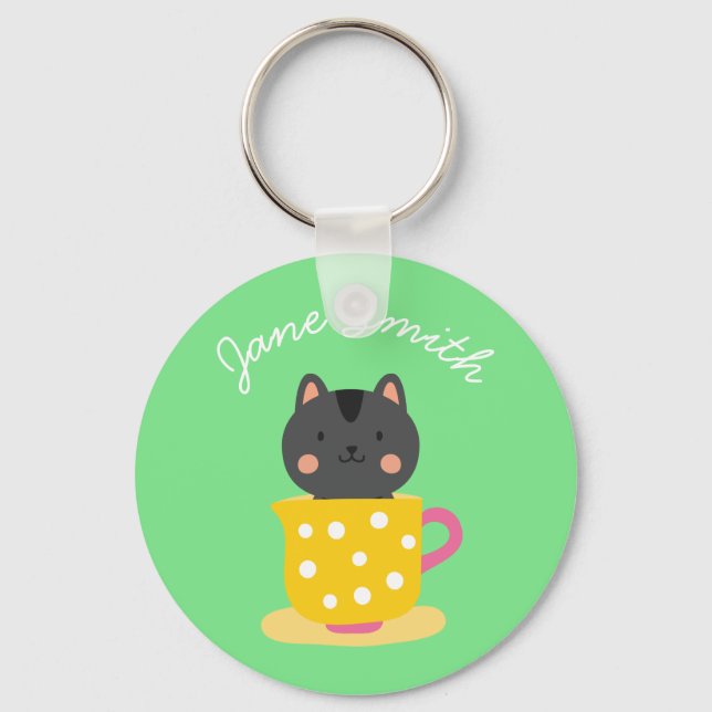 Cute cat in teacup cartoon on mint key ring (Front)