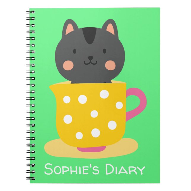 Cute cat in teacup cartoon on mint notebook (Front)