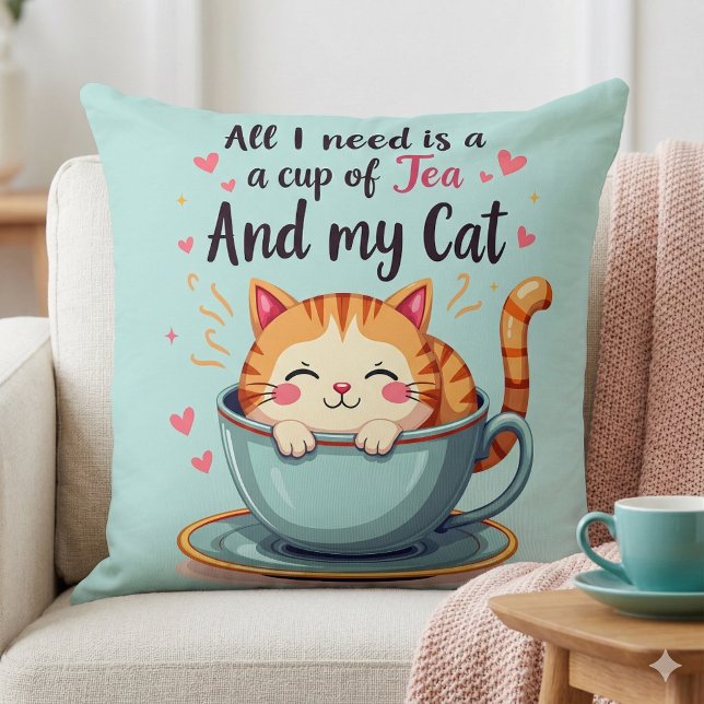 Cute Cat in Teacup Kawaii Cosy Art Cushion (Cute Cat in Teacup Kawaii Cozy Art Throw Pillow Mockup A)