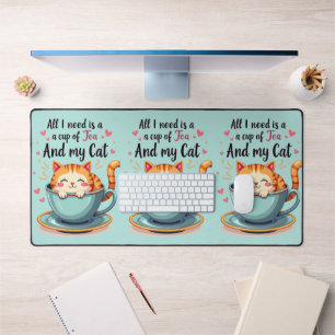 Cute Cat in Teacup Kawaii Cosy Art Desk Mat