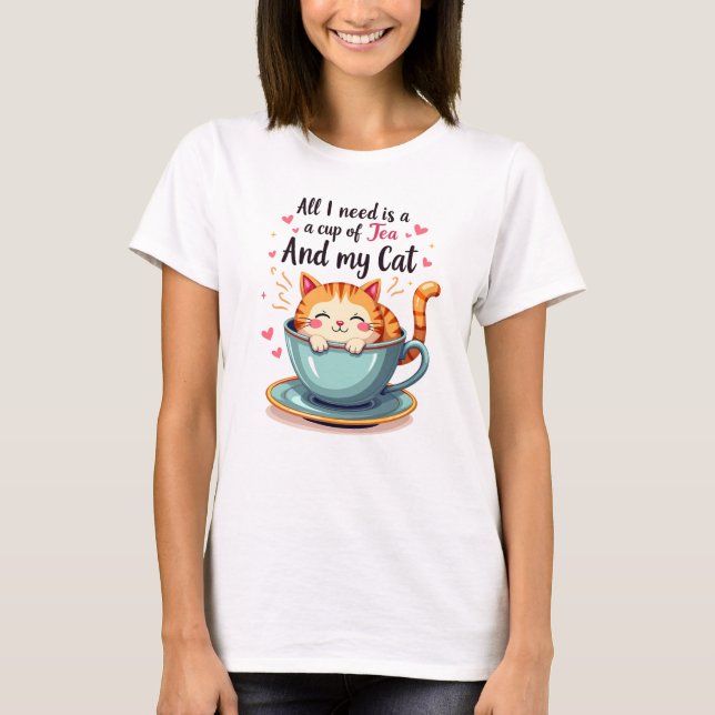 Cute Cat in Teacup Kawaii Cosy Art T-Shirt (Front)