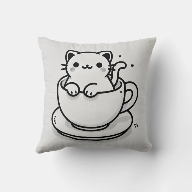 Cute Cat in Teacup Throw Pillow (Back)