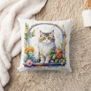 Cute Cat in Window of Flowers Personalized Cushion