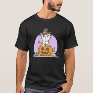 Cute Cat in Witches Hat on Pumpkin with Candy  Hal T-Shirt