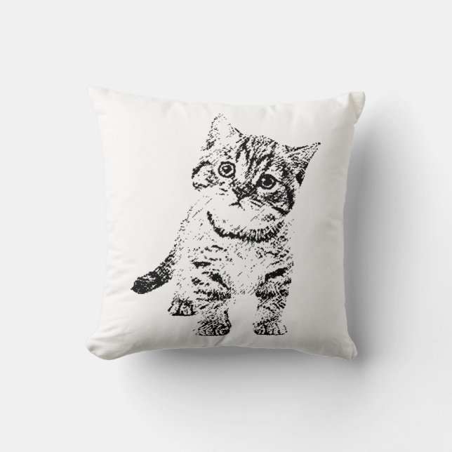 Cute Cat Ink Pen Sketch Black White Cushion (Front)