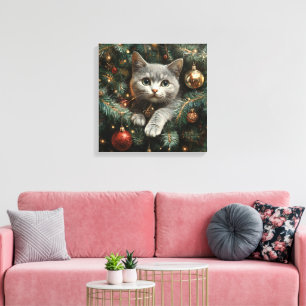 Cute Cat Inside Christmas Tree Canvas Print