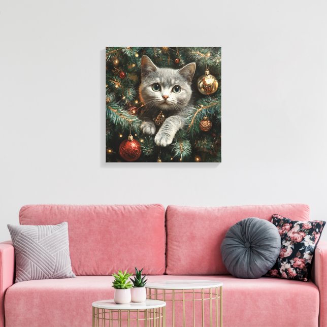 Cute Cat Inside Christmas Tree Canvas Print (Insitu(LivingRoom))