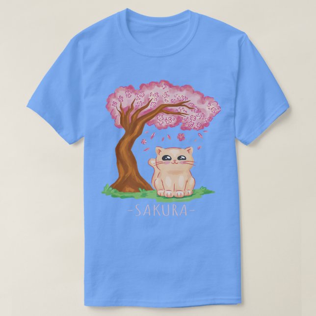 Cute Cat Japanese Cherry Blossom Tree Sakura Flowe T-Shirt (Design Front)