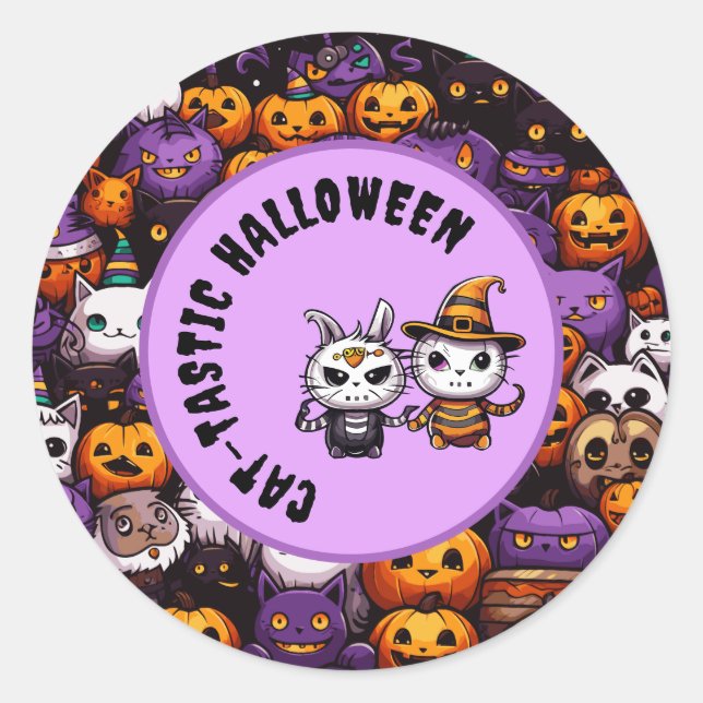 Cute Cat Kawaii Style Halloween CAT-TASTIC Theme Classic Round Sticker (Front)
