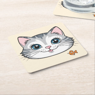 Cute cat kitten animals pet cartoon Birthday Square Paper Coaster