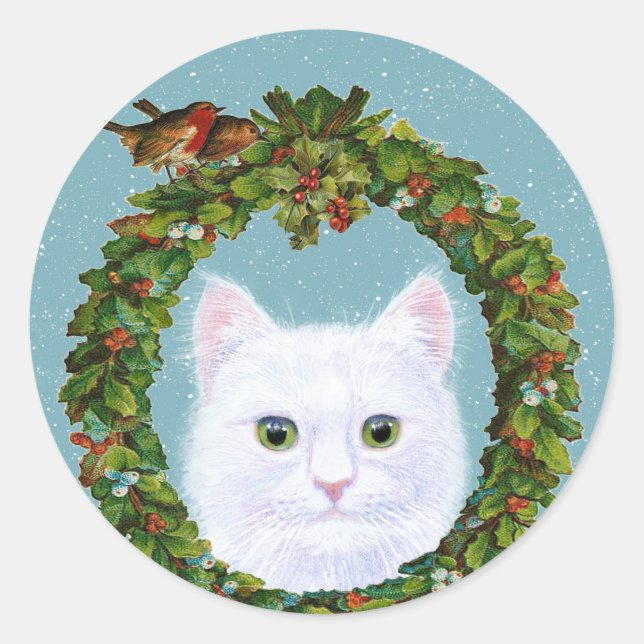 Cute Cat Kitten Birds Wreath stickers (Front)