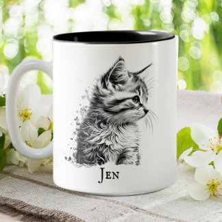 Cute Cat Kitten Black & White Sketch Personalised Two-Tone Coffee Mug