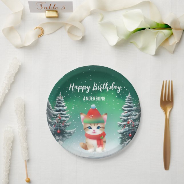 Cute Cat Kitten Christmas tree birthday girl party Paper Plate (Wedding)