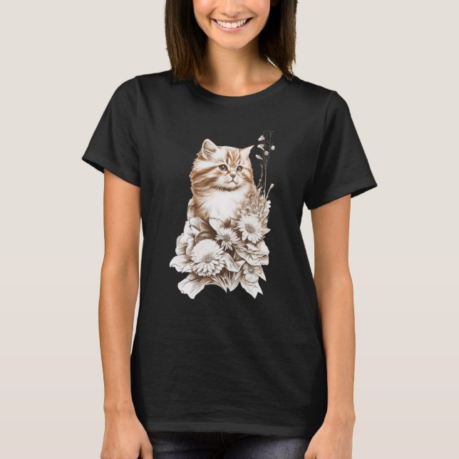 Cute Cat Kitten & Flowers Cat Owner  Cat T-Shirt (Front)