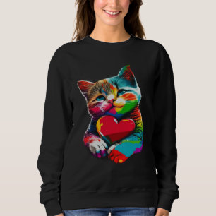cute Cat kitten hugging a heart Colorful Kitty Ado Sweatshirt