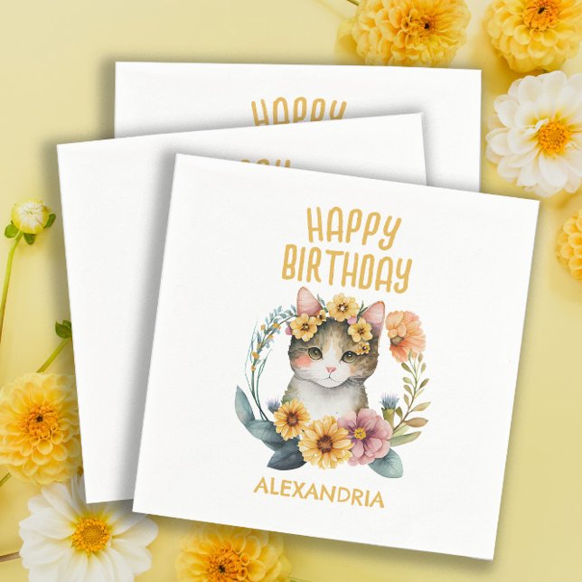 Cute Cat Kitten Little Girl's Happy Birthday Napkin (Creator Uploaded)