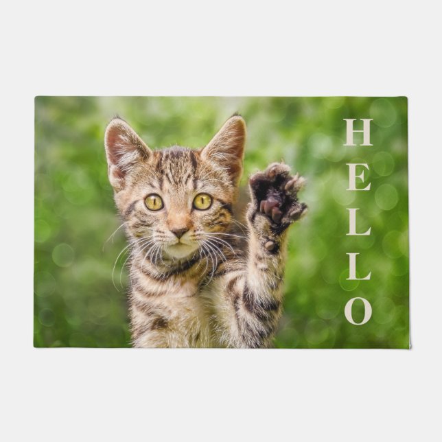 Cute Cat Kitten Raise Paw a Funny Beckoning Pose Doormat (Front)